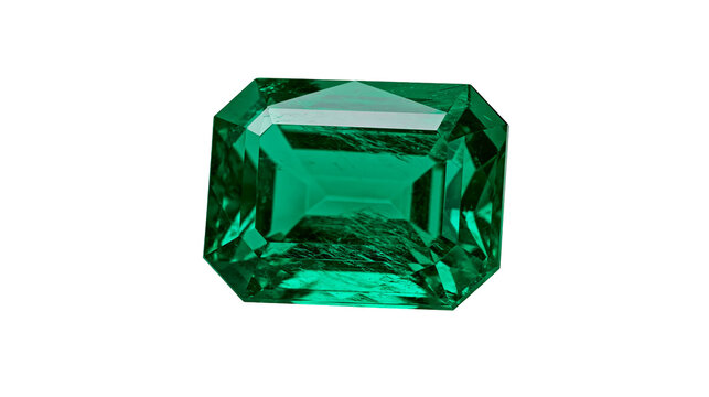 Octagonal cut emerald gemstone with facets, isolated on transparent background