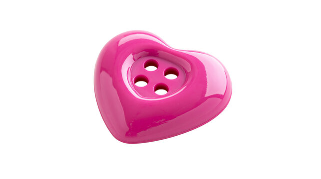 Shiny pink heart-shaped button with four holes, isolated on transparent background