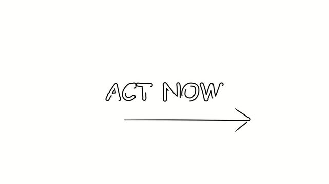 Act now. Contour drawing business text animation with arrow, direction. Continuous line word. Isolated message on white. Video 4k object illustration self-drawing. Minimalist continuous line drawing s