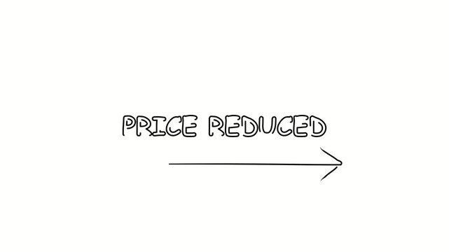 Price reduced. Contour drawing business text animation with arrow, direction. Continuous line word. Isolated message on white. Video 4k object illustration self-drawing. Minimalist continuous line dra