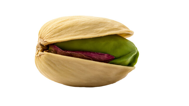 Single shelled pistachio nut with vibrant green kernel and purple skin, isolated on transparent background