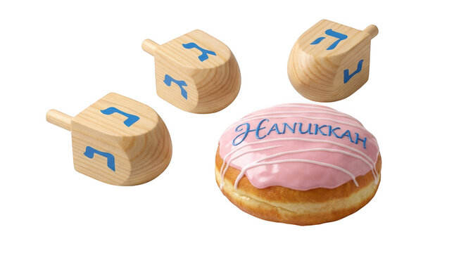 Wooden dreidels and a pink glazed sufganiyah donut for hanukkah isolated on transparent background