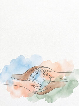 Watercolor illustration of diverse hands cradling earth globe for global sustainability poster.