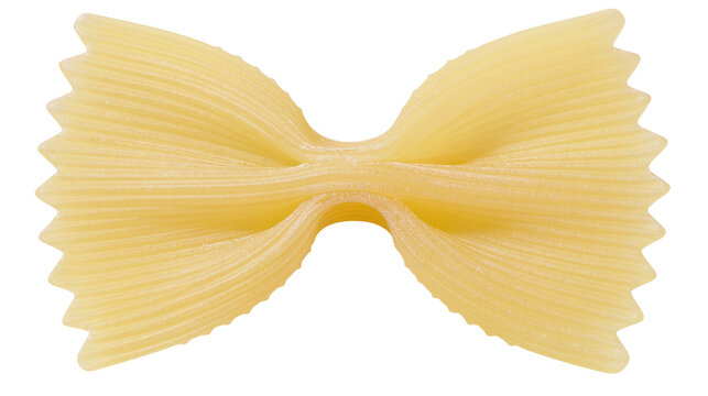 Single yellow farfalle pasta bow tie shape textured with fine ridges, isolated on transparent background