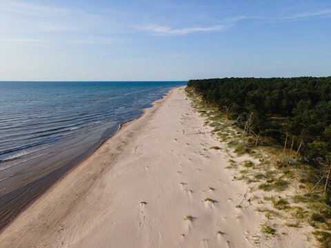 Aerial view of a sandy beach meeting the Baltic Sea, bordered by a dense pine forest under a clear blue sky in Bernati, South Kurzeme Municip, Latvia.