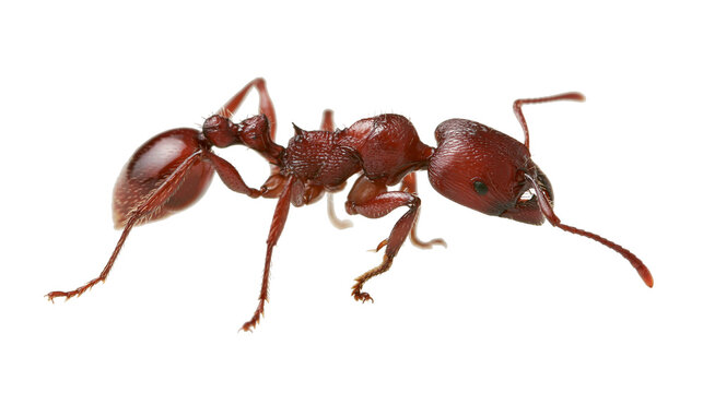 Detailed macro view of a single red ant with segmented body, isolated on transparent background