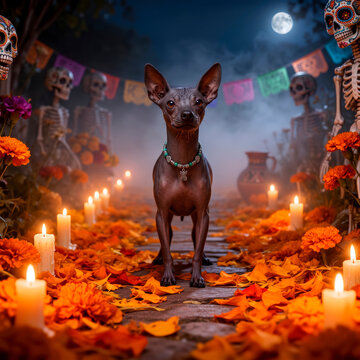 xoloitzcuintle, perro xoloitzcuintle, perro mexicano, xolo, raza mexicana, perro sin pelo, perro sin pelo mexicano, D&iacute;a de los Muertos, d&iacute;a de muertos, cultura mexicana, tradici&oacute;n mexicana, flores de 