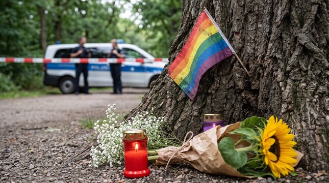 A rainbow flag flutters on a tree trunk next to a memorial with flowers, candles, and a police car in the background