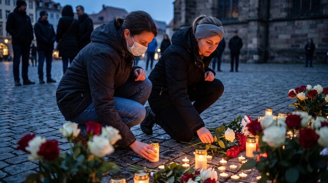 Mourning crowd lighting candles and placing flowers at a memorial site, showing respect and remembrance. The scene evokes a sense of collective grief and solemn reflection.