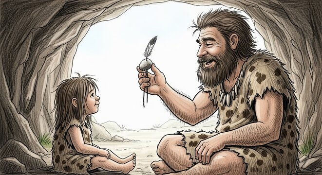A Stone Age father handing a homemade toy made of feather and stone to his small child in a cave