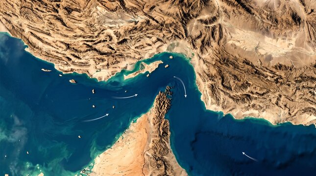 An aerial view of the Strait of Hormuz, a crucial waterway, with ships navigating its turquoise waters between arid desert landscapes