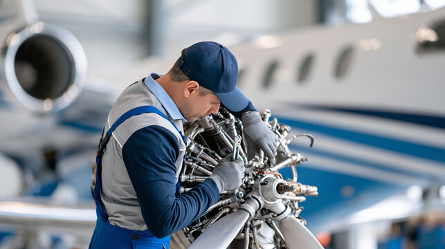 Faceless aircraft mechanic working on plane engine in hangar, private jet maintenance and repair service concept, defocused background, with copy space