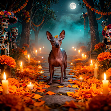 xoloitzcuintle, perro xoloitzcuintle, perro mexicano, xolo, raza mexicana, perro sin pelo, perro sin pelo mexicano, D&iacute;a de los Muertos, d&iacute;a de muertos, cultura mexicana, tradici&oacute;n mexicana, flores de 
