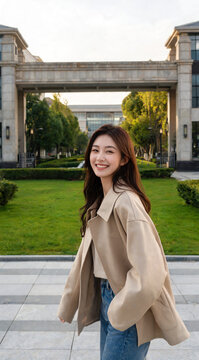 Side Portrait of Asian Student Near University Lawn