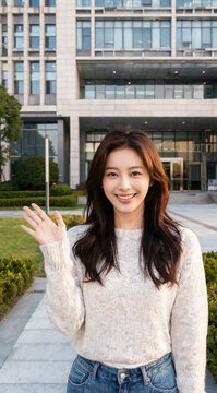 Close Up Smiling Asian Student Waving Outdoors