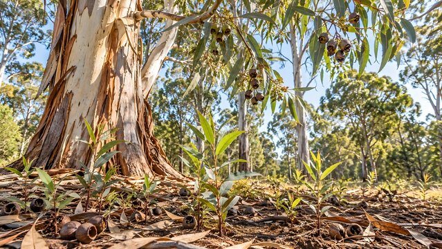 Tall eucalyptus trees in a dense forest canopy