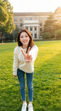 Asian Student Showing Peace Sign on University Lawn