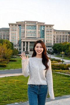 Smiling Asian Student Portrait on Campus Lawn
