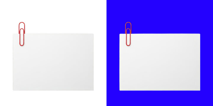 Blank white paper sheet attached with a shiny red metal paper clip on flat surface transparent png