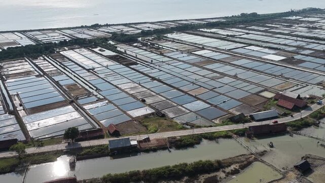 Aerial view of salt pans and aquaculture ponds in the coastal region of Jepara, Central Java, Indonesia.