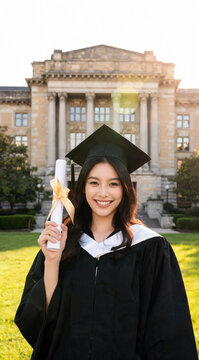 Asian Graduate Standing With Diploma in Sunlit University Yard