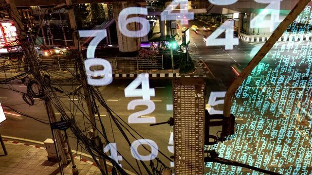 traffic in central bangkok with code and data overlayed in the buildings 