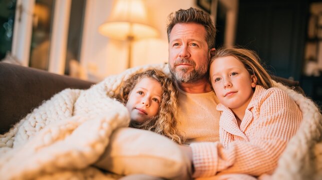 Mature man and young daughters huddled under a chunky wool blanket on a sofa, sharing a cozy moment of quiet connection for family support and love