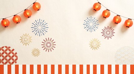 Traditional red paper lanterns and festive fireworks pattern on beige textured paper. © safa