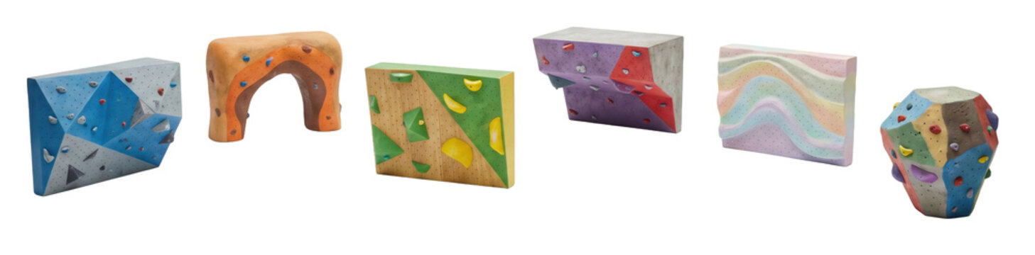 Collection of colorful climbing wall sections and bouldering blocks with various holds and textures for indoor training and recreation, showcasing different designs and shapes
