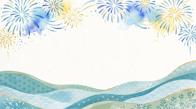 Watercolor fireworks illustration with traditional blue waves and botanical elements.