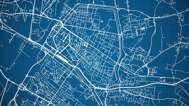 Ink reveal animation of Ferrara city, Emilia-Romagna, Italy, grid map. Aerial top view. Blueprint style. White lines with blue background. 4K Seamless loop.