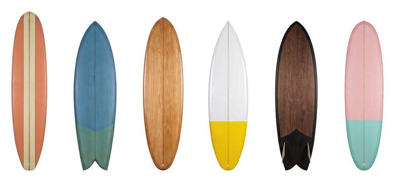 Collection of six colorful vintage-style surfboards with different shapes and designs arranged in a horizontal row, showcasing various models for summer water sports and recreation