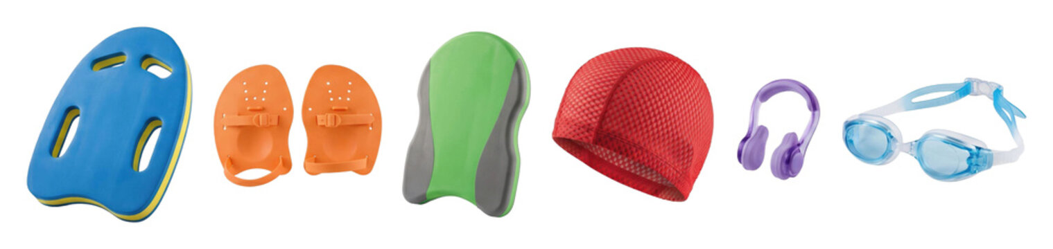 Set of various swimming training accessories including a blue kickboard, orange hand paddles, a green pull buoy, a red cap, a purple nose clip, and blue goggles