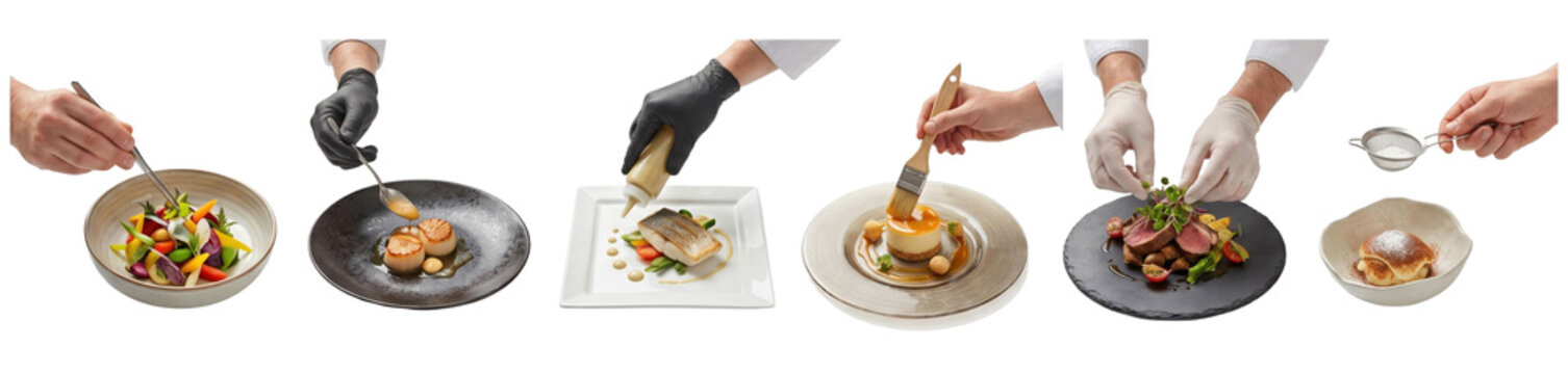 Collection of chef's hands preparing gourmet dishes in a sequence, showcasing meticulous plating techniques for salad, scallops, fish, meat, and dessert in a fine dining concept