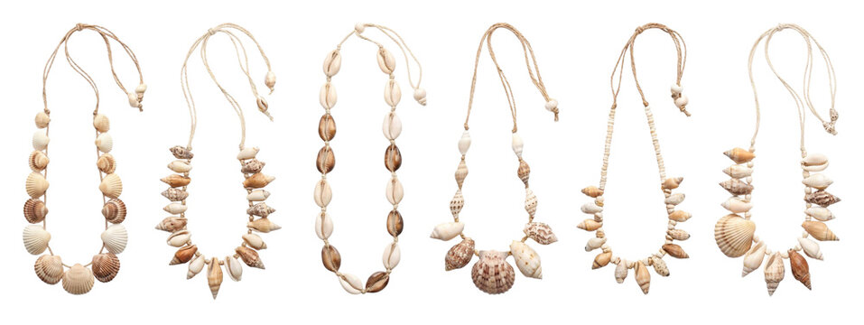 Six different handmade natural seashell necklaces featuring various shell types like cowrie and cockle showcase a bohemian beach style, perfect for summer fashion accessories