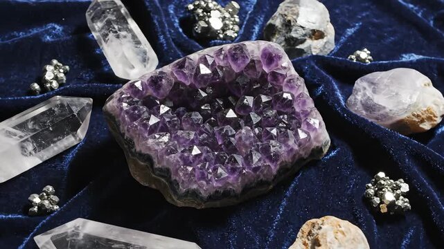 Amethyst geode and quartz crystals on blue velvet. Mystic mineral collection closeup. Perfect for themes of spiritual healing, magic, luxury, or mystical video projects