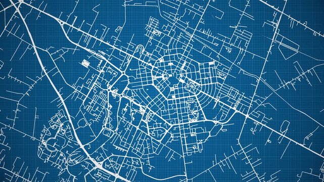 Ink reveal animation of Latina city, Lazio, Italy, grid map. Aerial top view. Blueprint style. White lines with blue background. 4K Seamless loop.