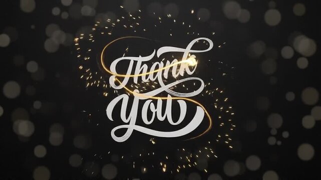 Elegant Thank You calligraphy animation, golden particles and bokeh on black background, luxury gratitude message for wedding and business
