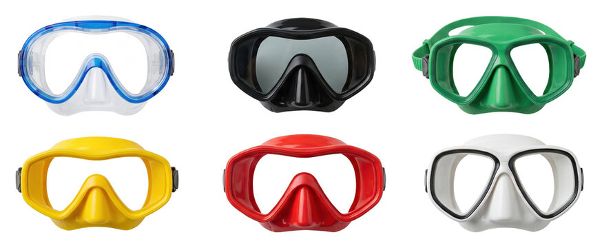 Six colorful scuba diving and snorkeling masks arranged in a neat grid, showcasing a vibrant assortment of underwater protective eyewear in various colors