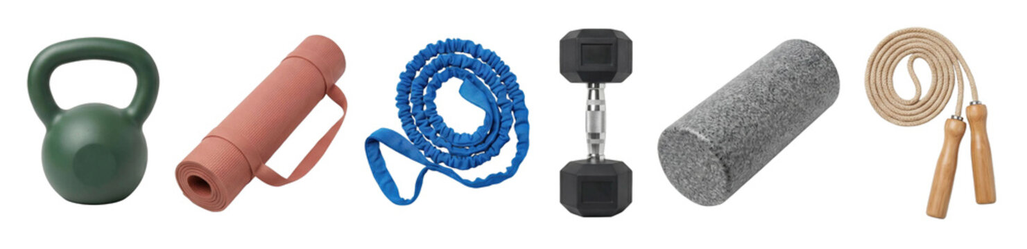 Collection of home gym workout equipment featuring a green kettlebell, rolled yoga mat, blue resistance band, hex dumbbell, foam roller, and a wooden handle jump rope
