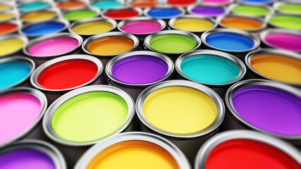 Fototapeta premium Multi colored paint cans background. 3D illustration