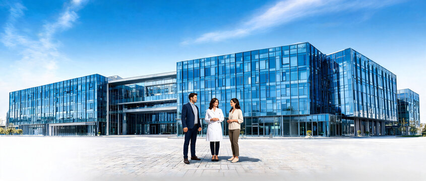 Professional Team Standing in Front of Corporate Headquarters