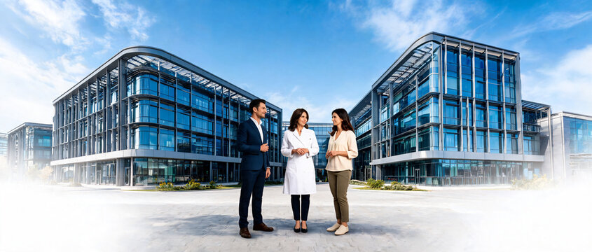 Business Colleagues Outside Modern Office Complex With White Fade Bottom