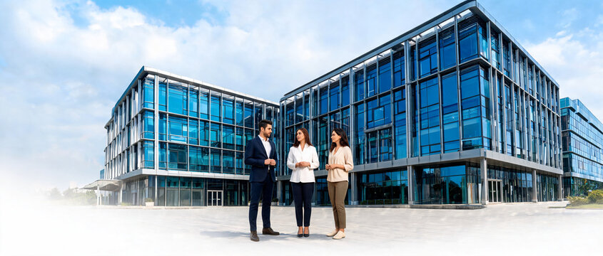 Corporate Team Posing in Front of Glass Office Building Outdoors