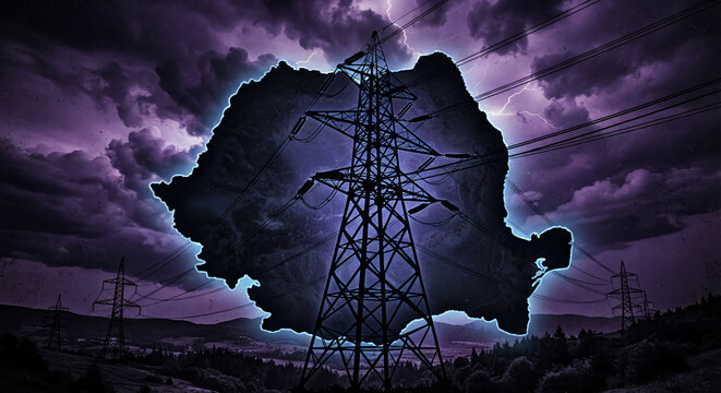 A map of Romania outlined in glowing blue light behind a high-voltage electricity pylon under a stormy purple sky with lightning.