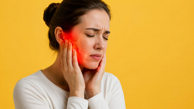 A young woman holding her jaw in pain with a red glowing highlight indicating TMJ disorder or toothache against a yellow background.