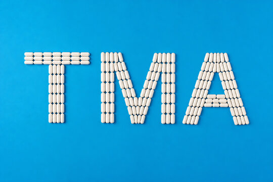 White plastic building blocks are arranged to spell the letters TMA on a bright blue background.
