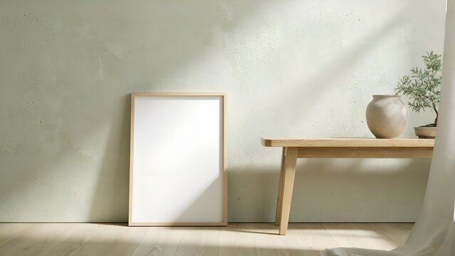 Wooden framed picture ceramic vase and small tree in a minimalist setting