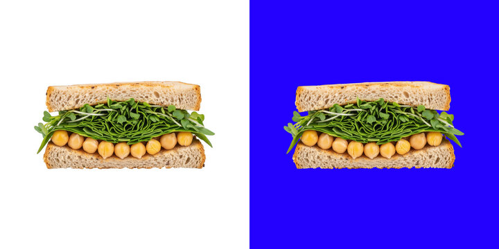 Fresh healthy sandwich with chickpeas and green spinach on whole grain bread slices transparent png