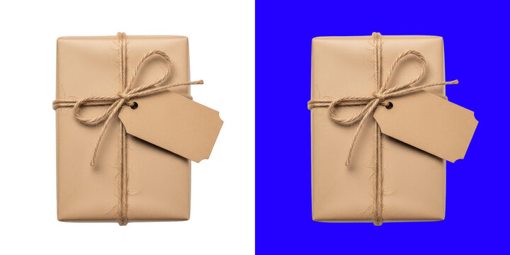 Small brown paper gift box wrapped with twine string and a blank empty paper tag transparent png